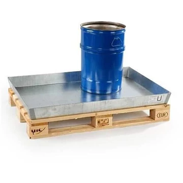 Acél kis konténeres raklapos tálca jóváhagyással, horganyzott, rács nélkül, gyűjtőtérfogat 60l, 1200x800 mm