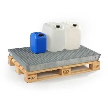 Acél kisméretű konténeres raklapos tálca jóváhagyással, horganyzott, rácsos, gyűjtőtérfogat 60l, 1200x800 mm