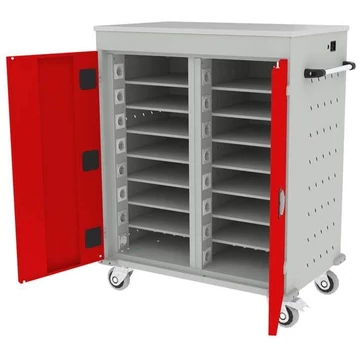 Szekrény noteszgépekhez, töltéssel, 16 rekesz, szélesség x mélység x magasság: 920x500x1060 mm, világosszürke RAL7035 ház / ajtó színe piros RAL3020