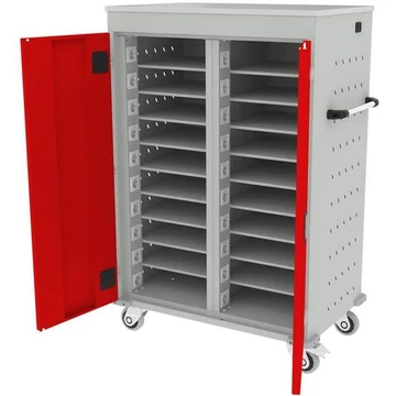 Szekrény noteszgépekhez, töltéssel, 20 rekeszes, szélesség x mélység x magasság: 920x500x1250 mm, világosszürke RAL7035 ház / ajtó színe piros RAL3020