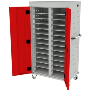 Szekrény noteszgépekhez, töltéssel, 26 rekesz, szélesség x mélység x magasság: 920x500x1540 mm, világosszürke RAL7035 ház / ajtó színe piros RAL3020