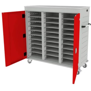 Szekrény noteszgépekhez, töltéssel, 30 rekesz, szélesség x mélység x magasság: 1310x500x1250 mm, világosszürke RAL7035 ház / ajtó színe piros RAL3020