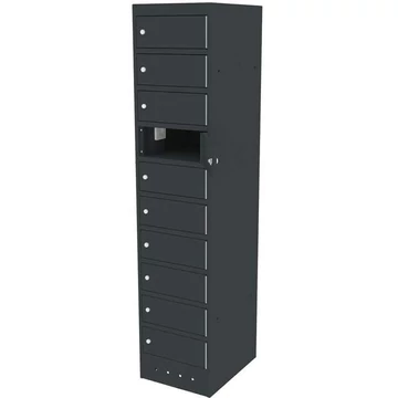 Szekrény noteszgépekhez töltéssel, 10 rekeszes, szélesség x mélység x magasság: 400x500x1800 mm, antracit ház RAL7016 / ajtó szín antracit RAL7016