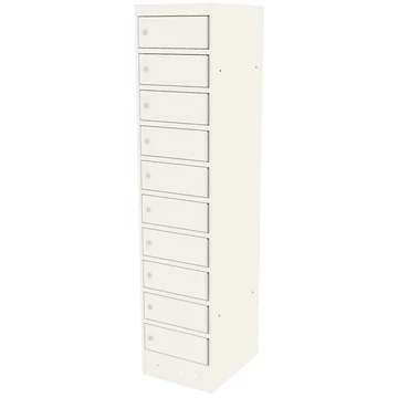 Szekrény noteszgépekhez töltéssel, 10 rekeszes, szélesség x mélység x magasság: 400x500x1800 mm, ház fehér RAL9010 / ajtó színe fehér RAL9010