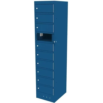 Szekrény noteszgépekhez töltéssel, 10 rekeszes, szélesség x mélység x magasság: 400x500x1800 mm, ház kék RAL5010 / ajtó színe kék RAL5010