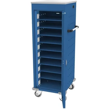 Szekrény noteszgépekhez töltéssel, 10 rekesz, szélesség x mélység x magasság: 530x500x1250 mm, ház kék RAL5010 / ajtó színe kék RAL5010