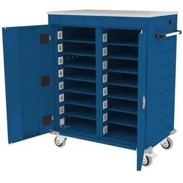 Szekrény noteszgépekhez, töltéssel, 16 rekesz, szélesség x mélység x magasság: 920x500x1060 mm, ház kék RAL5010 / ajtó színe kék RAL5010