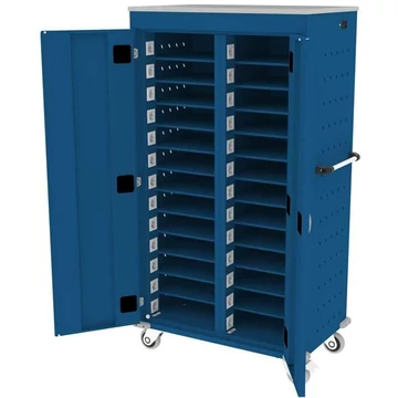 Szekrény noteszgépekhez, töltéssel, 26 rekesz, szélesség x mélység x magasság: 920x500x1540 mm, ház kék RAL5010 / ajtó színe kék RAL501