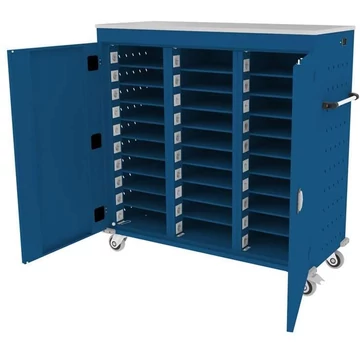 Szekrény noteszgépekhez, töltéssel, 30 rekesz, szélesség x mélység x magasság: 1310x500x1250 mm, ház kék RAL5010 / ajtó színe kék RAL5010
