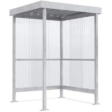 Dohányzóhely, 2 oldalfal PVC hullámlemezből, tető trapézlemezből, ma x sz x mé: 2350x1500x1500 mm