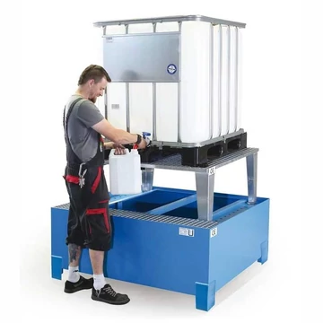 Acélteknő IBC konténerekhez töltő csatlakozással, jóváhagyással, térfogata 1100 l, ma x sz x mé: 1460x1460x1083 mm