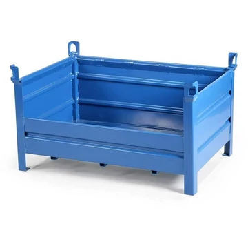 Rakodótartály, 1200 x 800 mm, 3 tömör fal, 1 alacsony hosszú fal, kék színű RAL5010