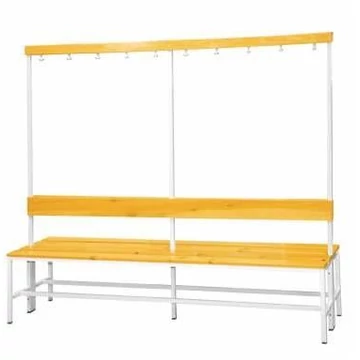 Ruhatár 20 kabáthorgokkal és tömörfa lécekből álló üléssel, kétoldalas, hossza 2000 mm