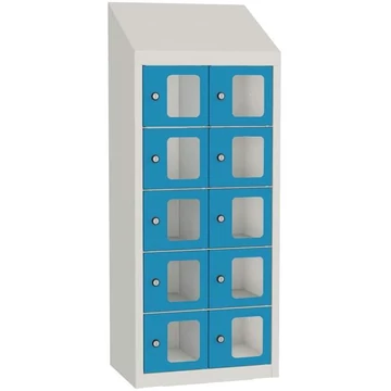 Minibox, 10 rekesz ablakkal, befoglaló méretek (ma x sz x mé): 1090x430x300 mm, testszíne világosszürke RAL7035 / ajtószín kék RAL5012