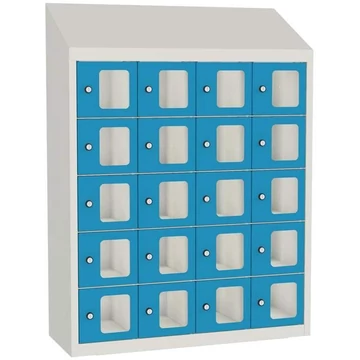 Minibox, 20 rekesz ablakkal, befoglaló méretek (ma x sz x mé): 1090x810x300 mm, vázszerkezet színe világos szürke RAL7035 / ajtó színe kék RAL5012