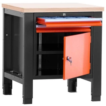 Műhelyasztal TECHNO, egyes modul szélesség 800 mm, 2 fiók, szekrény, szín antracit RAL7016 / narancs RAL2004.