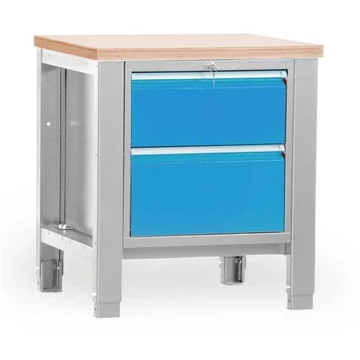 Műhelyasztal TECHNO, egyes modul szélesség 800 mm, 2 fiók, színe világosszürke RAL7035 / kék RAL5012.