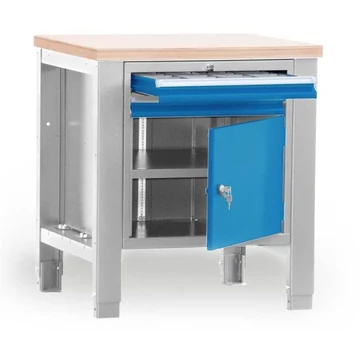 Műhelyasztal TECHNO, egyes modul szélesség 800 mm, 2 fiók, szekrény, színe világosszürke RAL7035 / kék RAL5012.