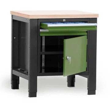 Műhelyasztal TECHNO, egyes modul szélesség 800 mm, 2 fiók, szekrény, szín antracit RAL7016 / zöld RAL6011.