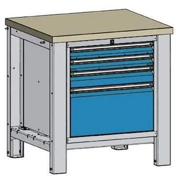 Műhelyasztal TECHNO, egyes modul szélessége 800 mm, 4 fiók, színe világosszürke RAL7035 / kék RAL5012.