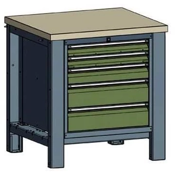 Műhelyasztal TECHNO, egyes modul szélesség 800 mm, 5 fiók, szín antracit RAL7016 / zöld RAL6011.