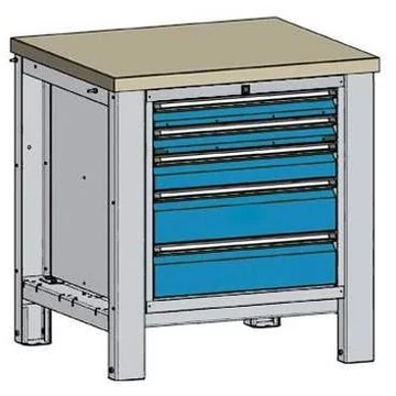 Műhelyasztal TECHNO, egyes modul szélessége 800 mm, 5 fiók, színe világosszürke RAL7035 / kék RAL5012.