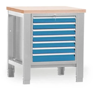 Műhelyasztal TECHNO, egyes modul szélesség 800 mm, 7 fiók, színe világosszürke RAL7035 / kék RAL 5012.