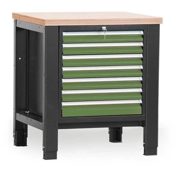 Műhelyasztal TECHNO, egyes modul szélesség 800 mm, 7 fiók, szín antracit RAL7016 / zöld RAL6011.