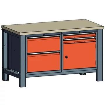 Műhelyasztal TECHNO, kettes modul, szélesség 1400 mm, 4 fiók, szekrény, szín antracit RAL7016 / narancssárga RAL2004.