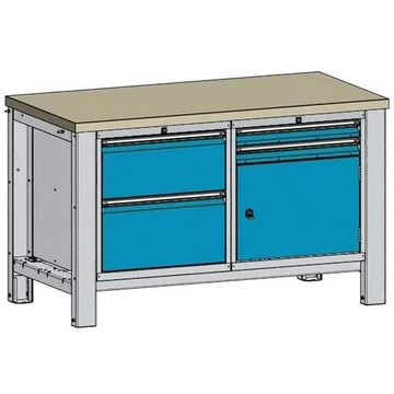 Műhelyasztal TECHNO, kettes modul, szélesség 1400 mm, 4 fiók, szekrény, színe világosszürke RAL7035 / kék RAL5012.