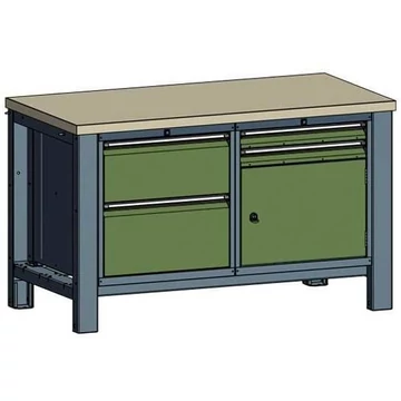 Műhelyasztal TECHNO, kettes modul, szélesség 1400 mm, 4 fiók, szekrény, szín antracit RAL7016 / zöld RAL6011.