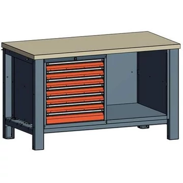 Műhelyasztal TECHNO, kettes modul, szélesség 1400 mm, 7 fiók, szín antracit RAL7016 / narancssárga RAL2004.