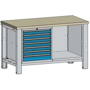 Műhelyasztal TECHNO, kettes modul, szélesség 1400 mm, 7 fiók, színe világosszürke RAL7035 / kék RAL5012.