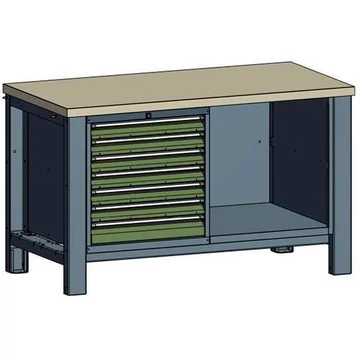 Műhelyasztal TECHNO, kettes modul, szélesség 1400 mm, 7 fiók, szín antracit RAL7016 / zöld RAL6011.