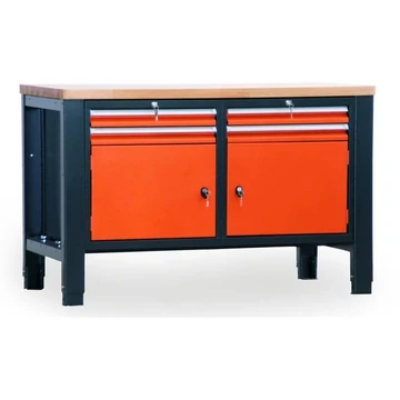 Műhelyasztal TECHNO, kettes modul, szélesség 1400 mm, 4 fiók, 2 szekrény, szín antracit RAL7016 / narancs RAL2004.