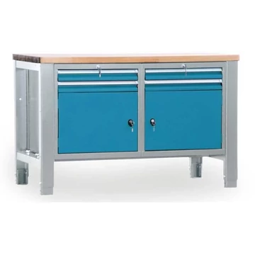 Műhelyasztal TECHNO, kettes modul, szélesség 1400 mm, 4 fiók, 2 szekrény, színe világosszürke RAL7035 / kék RAL5012.