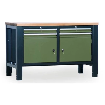 Műhelyasztal TECHNO, kettes modul, szélesség 1400 mm, 4 fiók, 2 szekrény, antracit színű RAL7016 / zöld RAL6011.