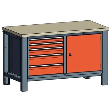 Műhelyasztal TECHNO, kettes modul, szélesség 1400 mm, 5 fiók, szekrény, szín antracit RAL7016 / narancssárga RAL2004.