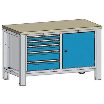 Műhelyasztal TECHNO, kettes modul, szélesség 1400 mm, 5 fiók, szekrény, színe világosszürke RAL7035 / kék RAL5012.