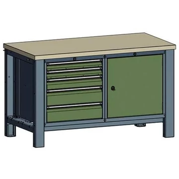 Műhelyasztal TECHNO, kettes modul, szélesség 1400 mm, 5 fiók, skrinka, szín antracit RAL7016 / zöld RAL6011.