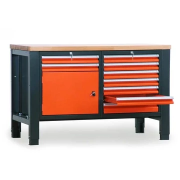 Műhelyasztal TECHNO, kettes modul, szélesség 1400 mm, 9 fiók, szekrény, szín antracit RAL7016 / narancs RAL2004