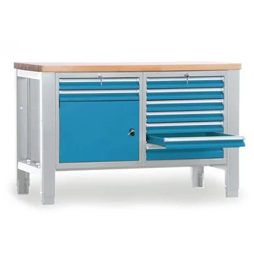 Műhelyasztal TECHNO, kettes modul, szélesség 1400 mm, 9 fiók, szekrény, színe világosszürke RAL7035 / kék RAL5012.