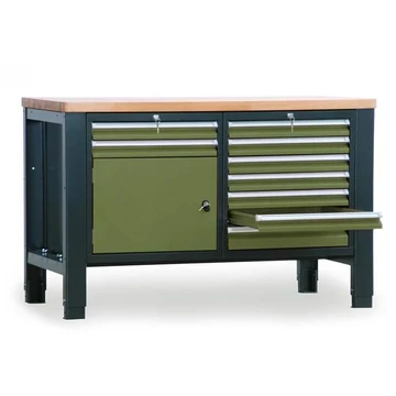 Műhelyasztal TECHNO, kettes modul, szélesség 1400 mm, 9 fiók, szekrény, szín antracit RAL7016 / zöld RAL6011.