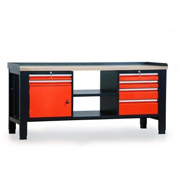 Műhelyasztal TECHNO, hármas modul, szélesség 2000 mm, 6 fiók, szekrény, szín antracit RAL7016 / narancssárga RAL2004.