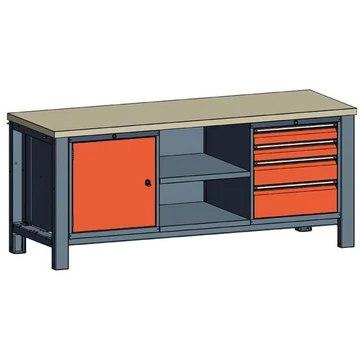 Műhelyasztal TECHNO, háromrészes modul, szélesség 2000 mm, 4 fiók, szekrény, szín antracit RAL7016 / narancs RAL2004.