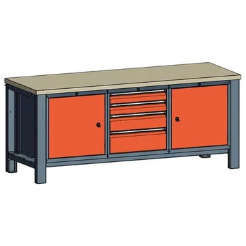 Műhelyasztal TECHNO, hármas modul, szélesség 2000 mm, 4 fiók, 2 szekrény, szín antracit RAL7016 / narancs RAL2004.