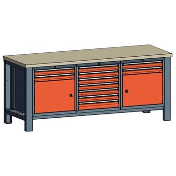 Műhelyasztal TECHNO, hármas modul, szélesség 2000 mm, 11 fiók, 2 szekrény, szín antracit RAL7016 / narancssárga RAL2004.