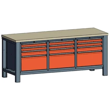 Műhelyasztal TECHNO, háromrészes modul, szélesség 2000 mm, 12 fiók, szín antracit RAL7016 / narancssárga RAL2004.