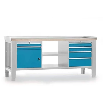 Műhelyasztal TECHNO, három részes modul, szélesség 2000 mm, 6 fiók, szekrény, színe világosszürke RAL7035 / kék RAL5012.