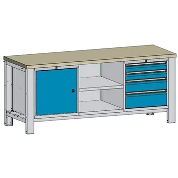 TECHNO műhelyasztal, három részes modul, szélesség 2000 mm, 4 fiók, szekrény, színe világosszürke RAL7035 / kék RAL5012.